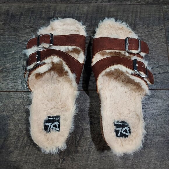 Slip On Sandles Dirty Laundry Women USA 7 Faux Fur Open Toe Buckle Brown - Picture 3 of 7